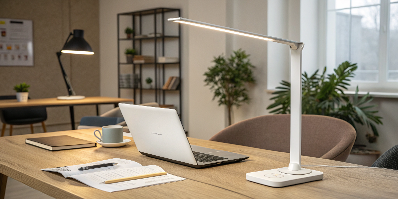 LED desk lamp with adjustable brightness, perfect for reading and working, placed on a desk