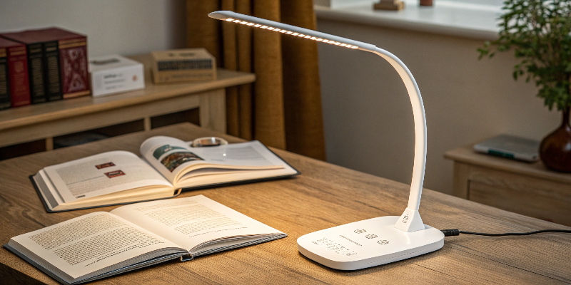 Modern white LED desk lamp with a digital display and adjustable brightness