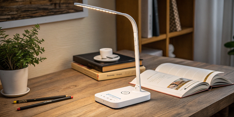 Adjustable LED desk lamp with flexible arm, perfect for reading and study