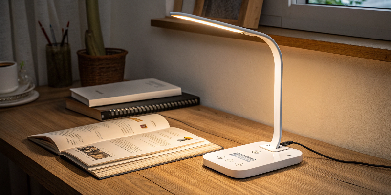 Elegant white LED desk lamp with a flexible neck and sleek design for workspace lighting