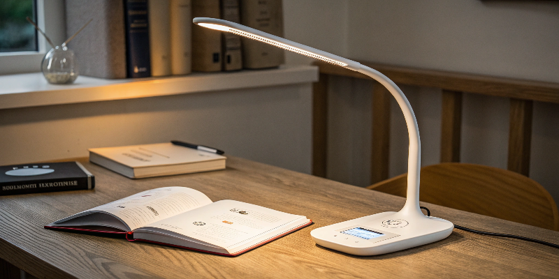 LED desk lamp illuminating an open book with touch control and modern design