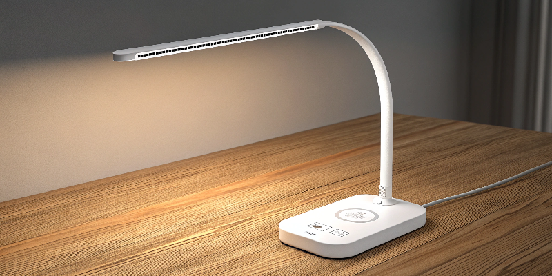 White LED desk lamp with adjustable brightness, perfect for reading or studying