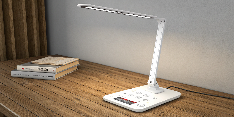 White LED desk lamp with adjustable settings, designed for reading and study spaces