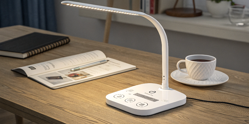 Compact LED desk lamp with a sleek design, perfect for home or office lighting