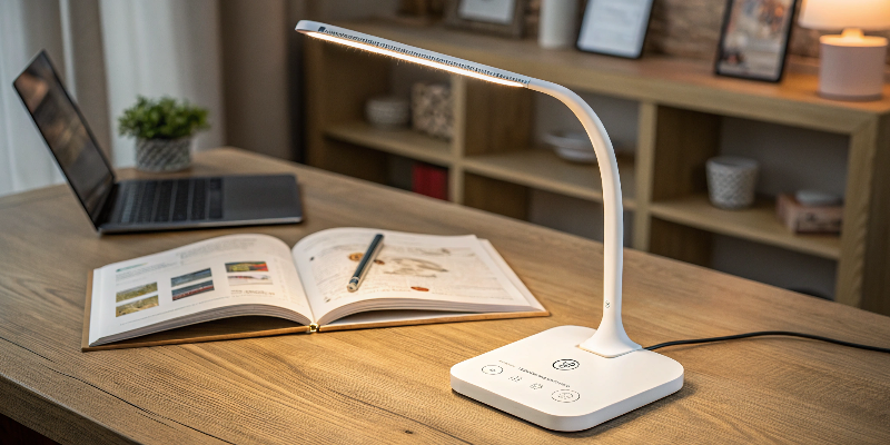 LED desk lamp on desk with iPad and notebook, comfortable workspace