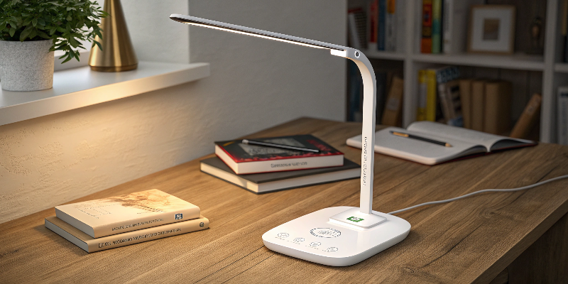 White LED desk lamp with touch controls and a sleek design, ideal for reading and work