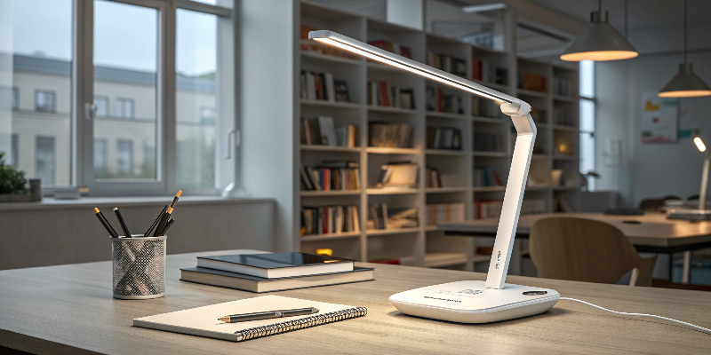 LED desk lamp on desk with books and stationery, office interior