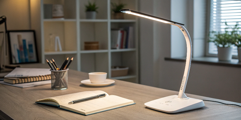 LED desk lamp on desk with coffee and notebook, cozy workspace