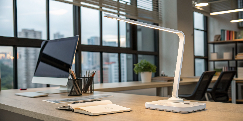 LED desk lamp with city view, modern office desk setup