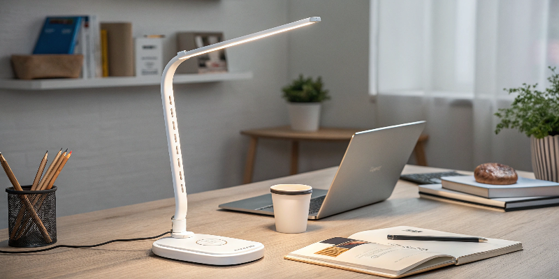 LED desk lamp with laptop and coffee, cozy study desk