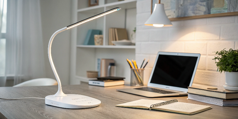 LED desk lamp on desk with laptop and books, home office lighting