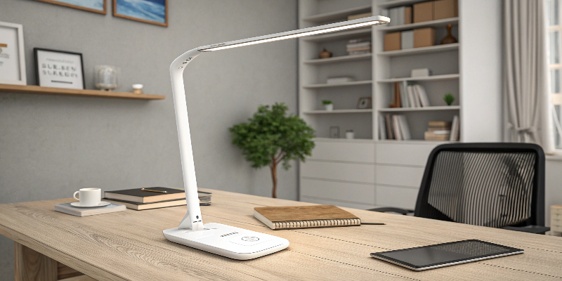 LED desk lamp with plants and notebook, work desk lighting