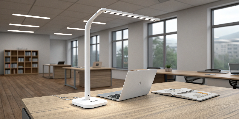 LED desk lamp with laptop, modern office workspace