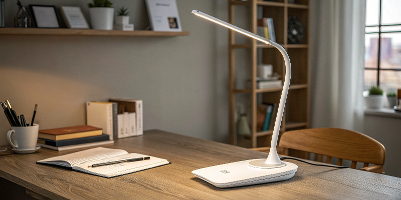 LED desk lamp with pens and notebook, study area lighting