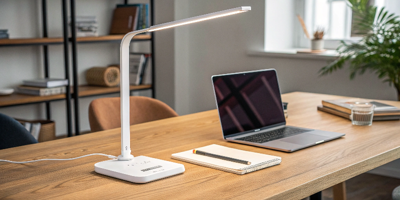 LED desk lamp with laptop and notebook, stylish office setting