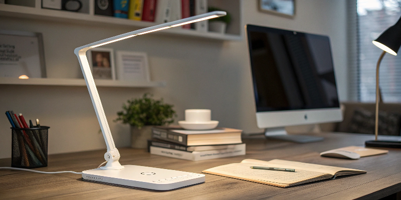 LED desk lamp with MacBook and notebook, home office workspace