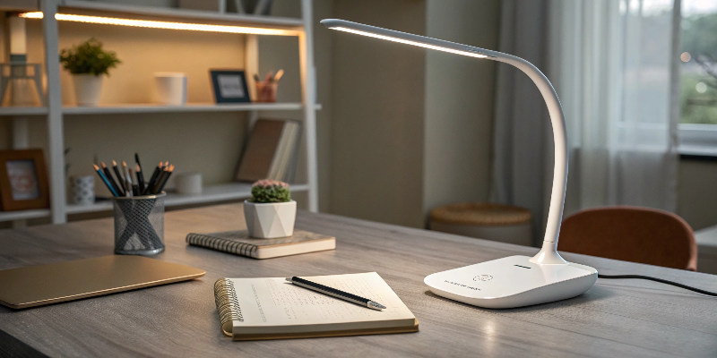 LED desk lamp with laptop and notebook, peaceful study area