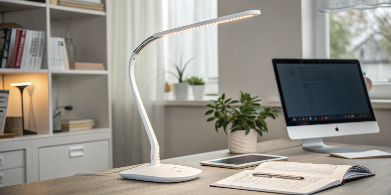 LED desk lamp with laptop and pen, creative work desk