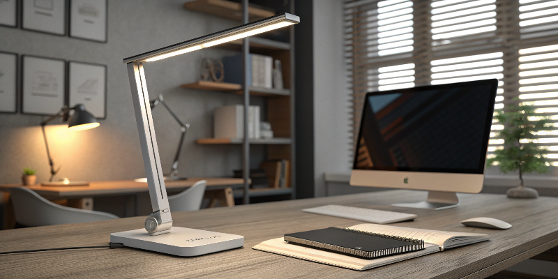 LED desk lamp with laptop and notebook, stylish office setup