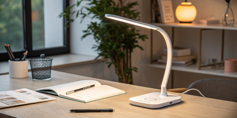 LED desk lamp with notebook and pen, clean study desk