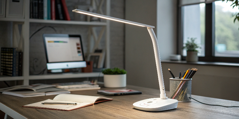 LED desk lamp with laptop and pens, bright office desk