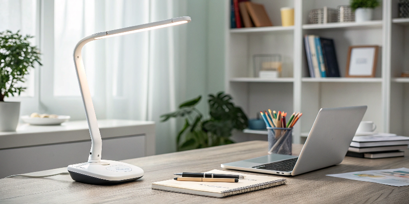 LED desk lamp with laptop and notebooks, modern office setting