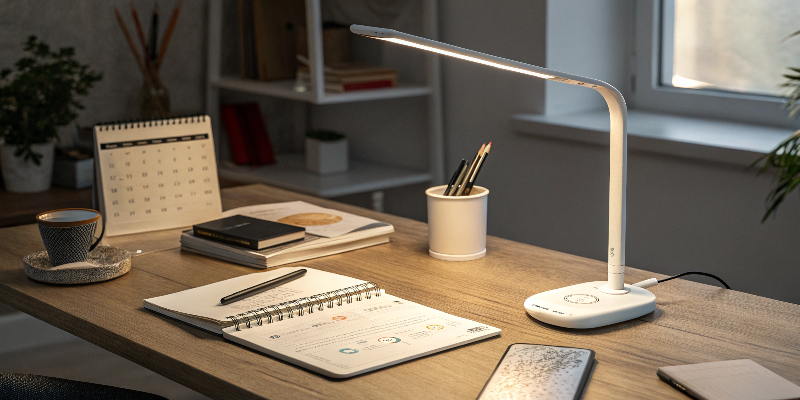 LED desk lamp with calendar and cup, study workspace