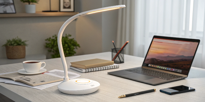 LED desk lamp with laptop and notebook, modern work desk