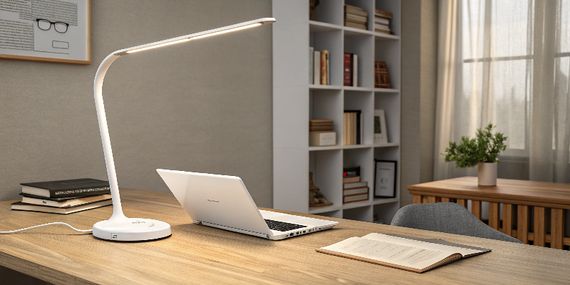 Modern white LED desk lamp with adjustable brightness, perfect for an office setting