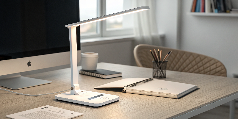 Minimalist white LED desk lamp with touch controls, enhancing any modern workspace