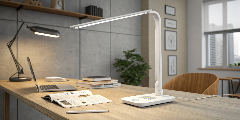 LED desk lamp with a simple design and adjustable settings for comfortable reading