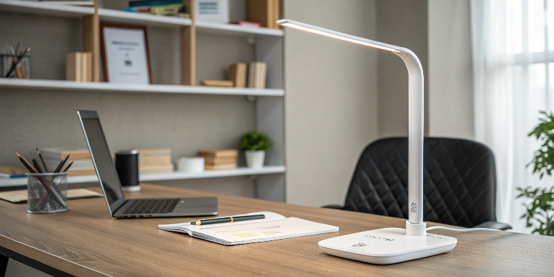 Elegant white LED desk lamp with adjustable arm, perfect for workspaces