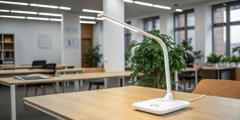 White LED desk lamp with modern design, ideal for office or study spaces