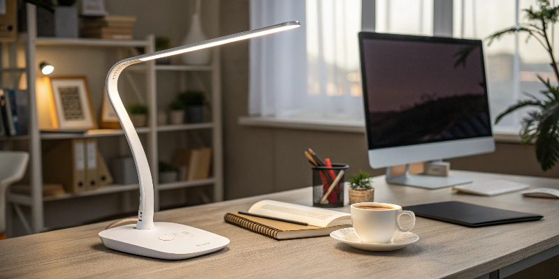 LED desk lamp with coffee and laptop on desk, cozy workspace