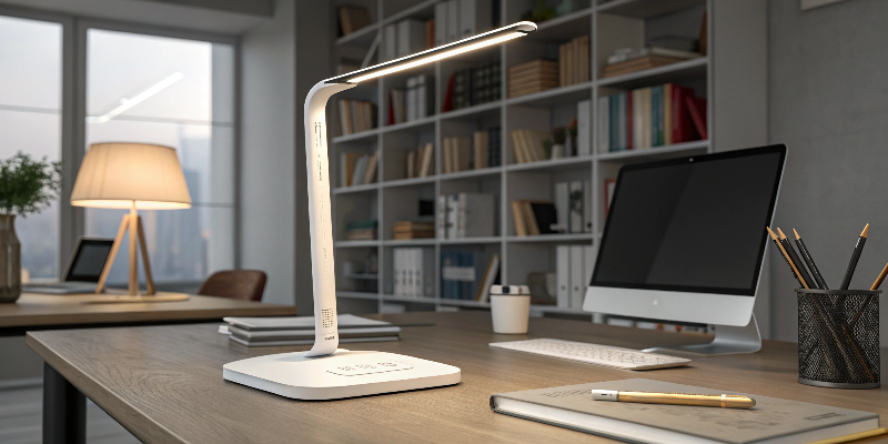 LED desk lamp with desktop, books, and stationery, professional desk