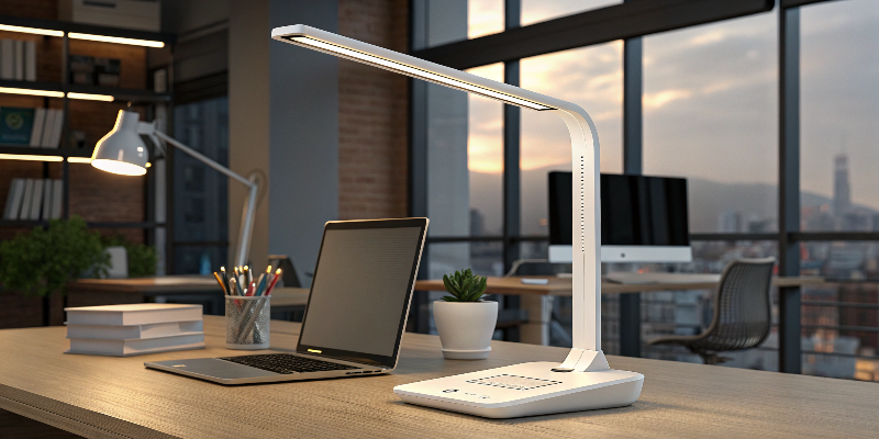 LED desk lamp with laptop and office supplies, city view