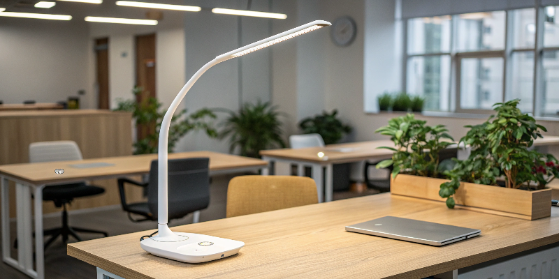 LED desk lamp with laptop, plants, and notebook, modern office