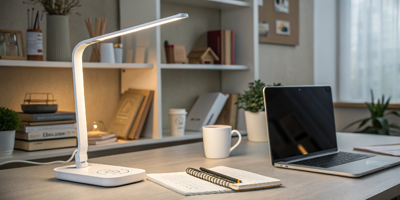 LED desk lamp with plants, coffee cup, and notebook, peaceful desk