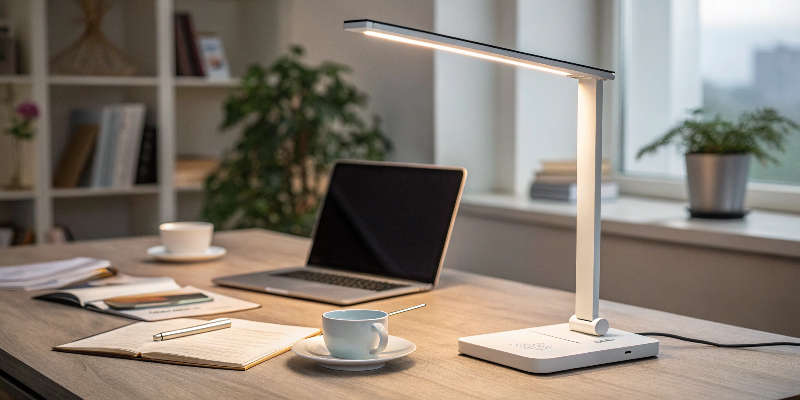 LED desk lamp with laptop, notebook, and coffee cup, cozy workspace