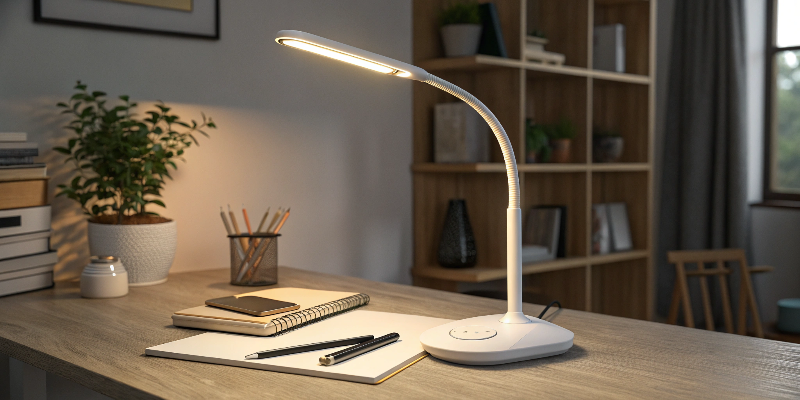 LED desk lamp with notebooks and pens, home office setup