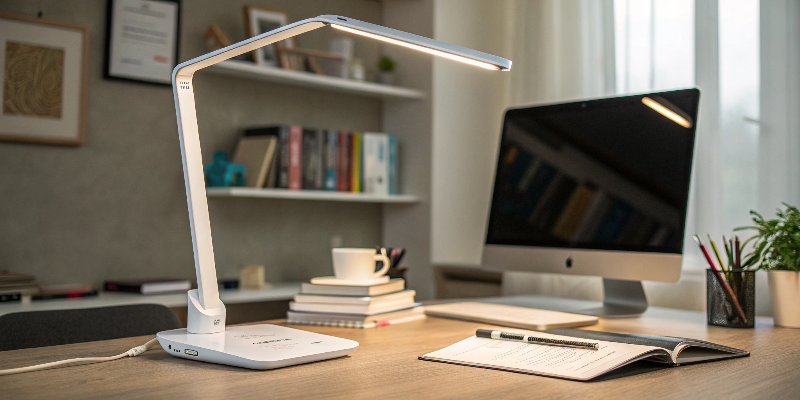 LED desk lamp with books, laptop, and notebook, stylish workspace