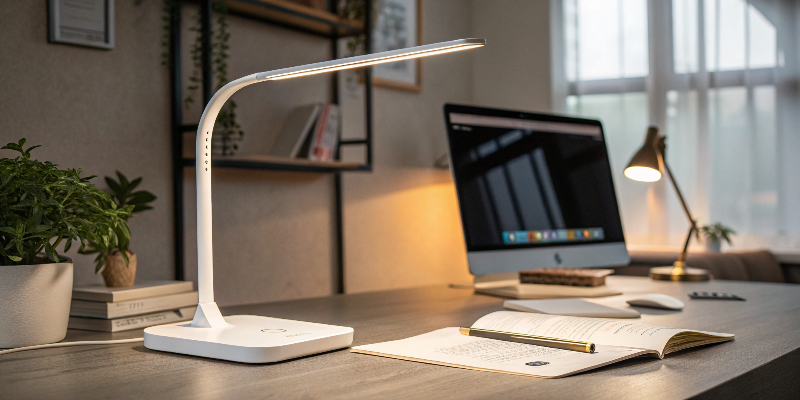 LED desk lamp with plants and computer, home office lighting