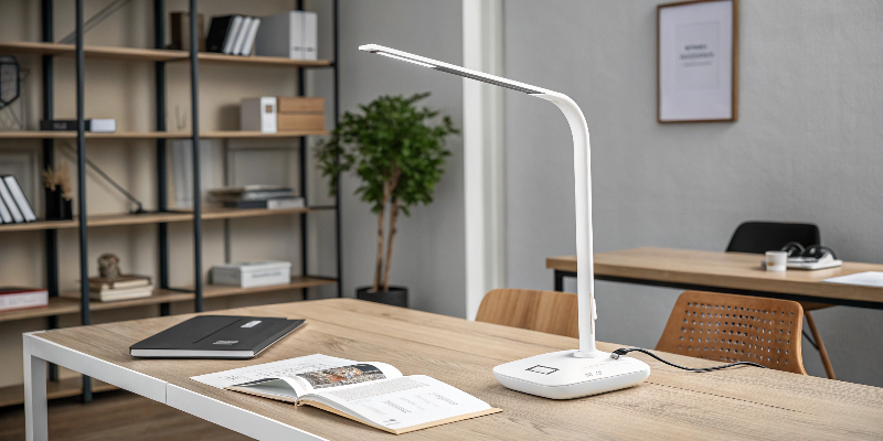 LED desk lamp with open book and notebook, modern reading area