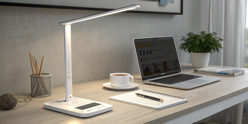 LED desk lamp with laptop and coffee, stylish desk layout