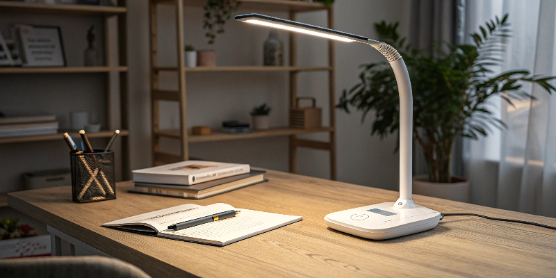 LED desk lamp with notebook and pens, minimalist study area