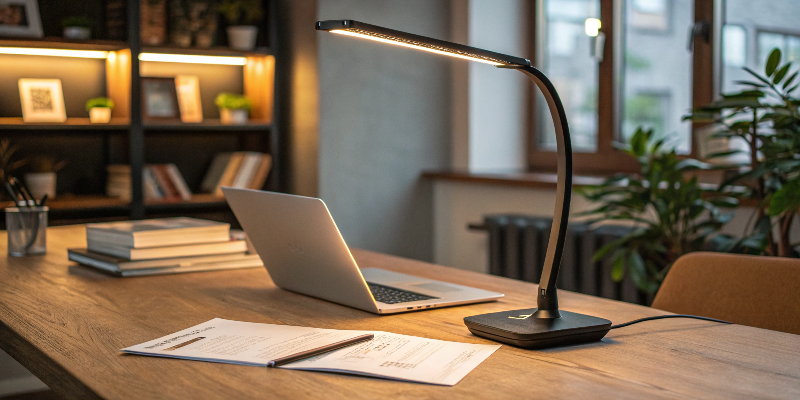 Black LED desk lamp with laptop and papers, professional workspace