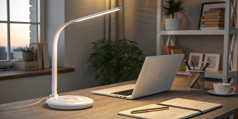 LED desk lamp with laptop and stationery, cozy evening setup