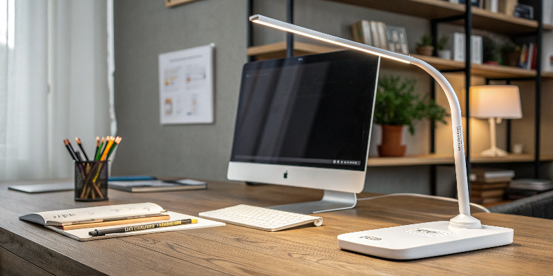 LED desk lamp with pens and books, stylish office desk