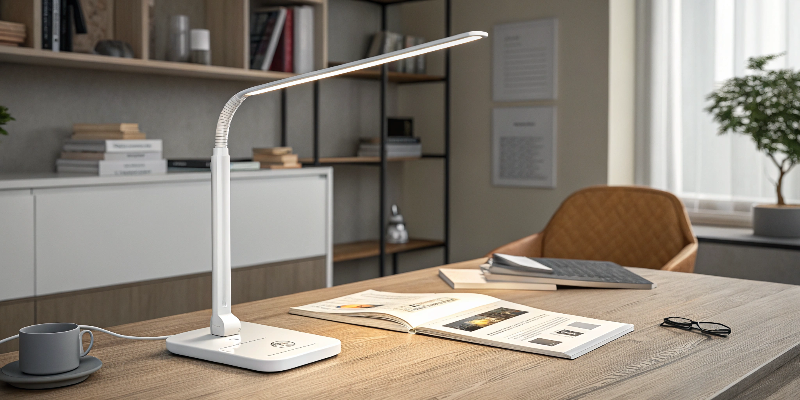 LED desk lamp with open book and mug, organized office desk