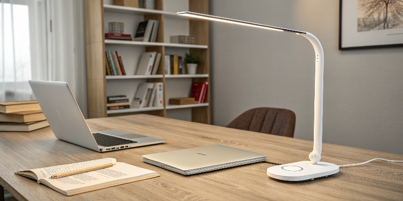 LED desk lamp with laptop and books, clean home workspace